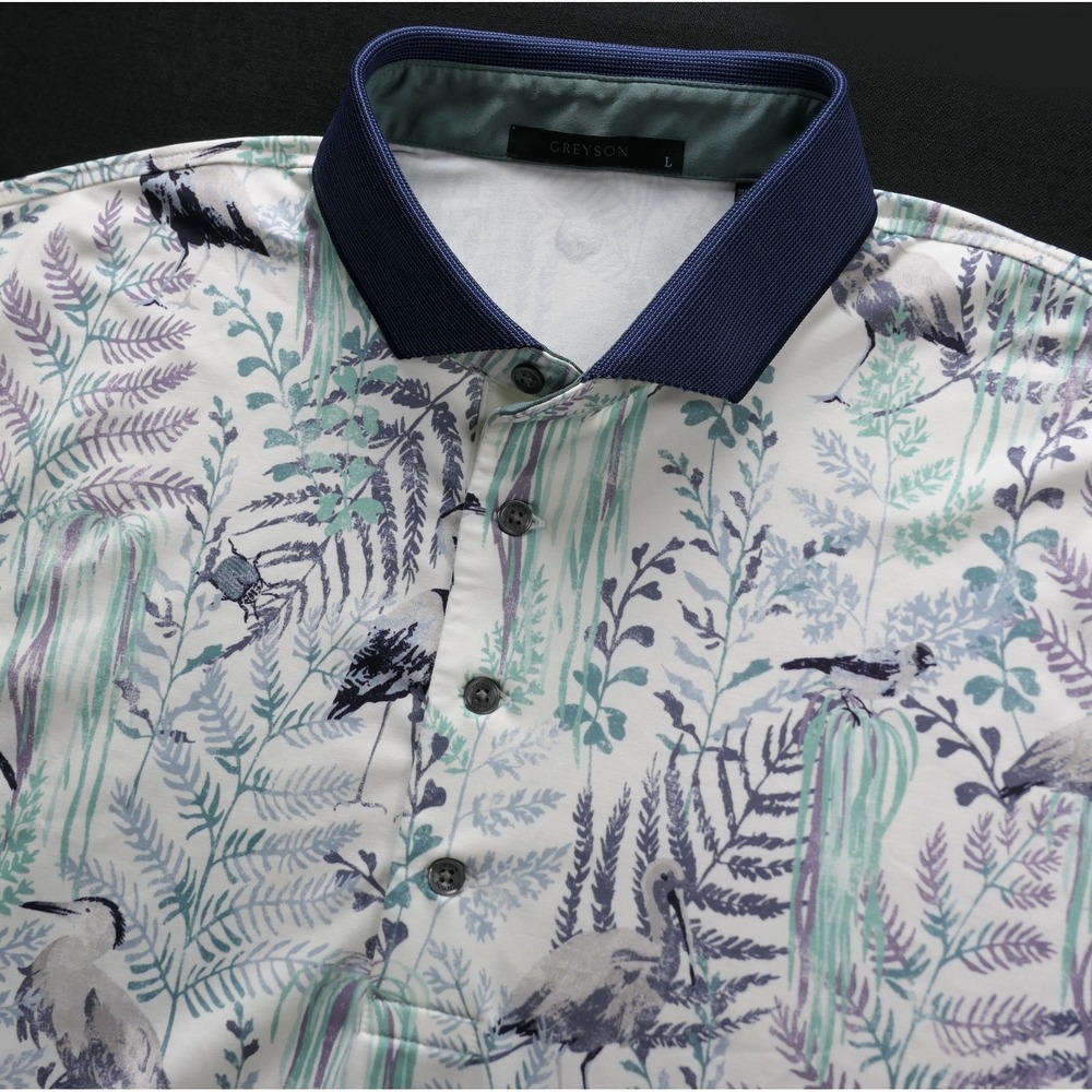 Greyson Mens L Polo Botanical Bird Ecosystem Nature Golf Performance Jersey
